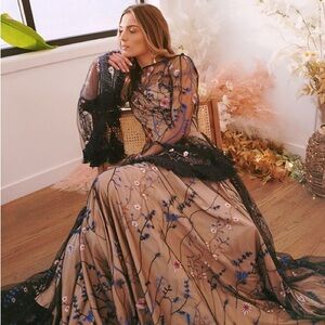 Black Embroidered Lace & Cream Satin Backless Flora & Lane “Azul” Wedding Dress